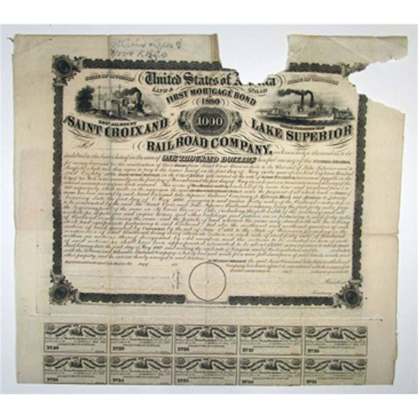 WI. Saint Croix and Lake Superior Railroad Company. 1860 Specimen Bond Rarity, Printed by WHW, NY.