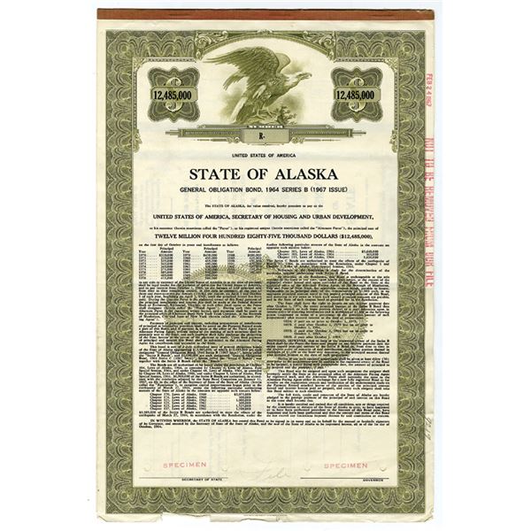 AK. State of Alaska, 1964  Series B "Earthquake" Bond Specimen Issued to Meet the Effects of the Ear