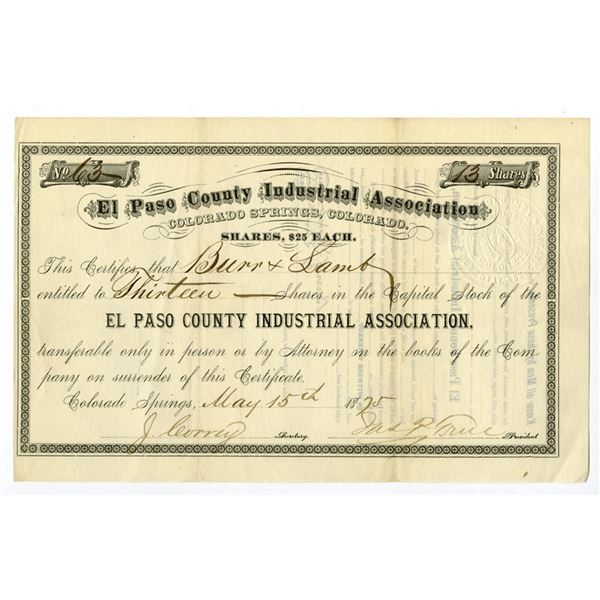 CO. El Paso County Industrial Association, 1875, I/U Stock Certificate.