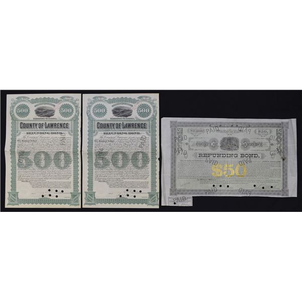 Dakota Territory, County of Lawrence, 1883 to 1887, I/C Refunding Bond Trio.