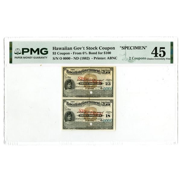HI. Hawaiian Government, ND (1882), Uncut Pair of Specimen Bond Coupons from a 6% $100 Bond.