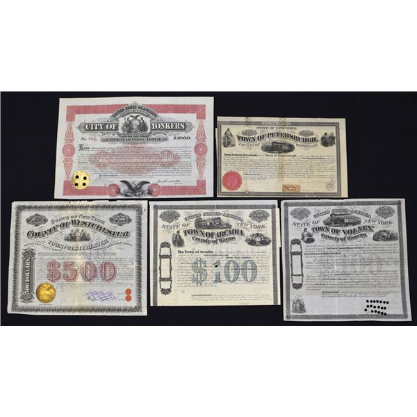 New York City and Town Bonds,  ca.1850-75,  Lot of 5 Issued Bonds