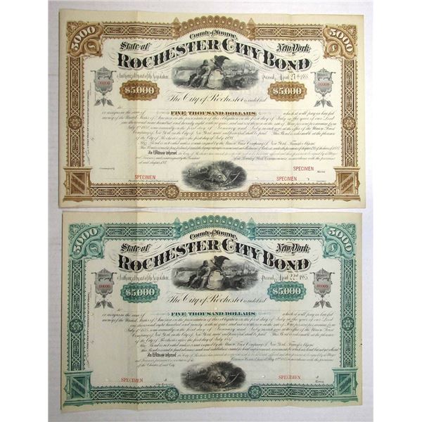 NY. Rochester City Bond, 1885 and 1888, Registered Specimen Bond Pair.