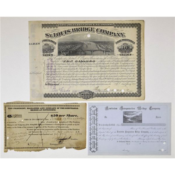 MO., PA., Historic Bridge Company Stock Certificates, 1844 to 1895
