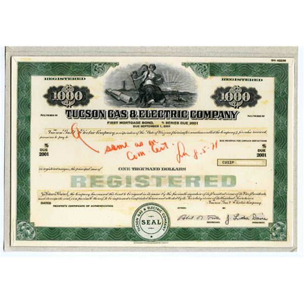 AZ. Tucson Gas & Electric Co., 1971, Production Proof Mockup Bond