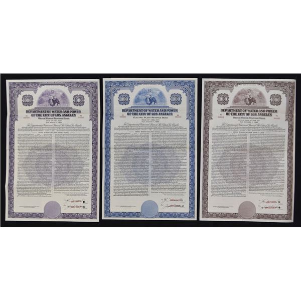 CA. Department of Water and Power of the City of Los Angeles, 1958 to 1961, Specimen Bond Trio.