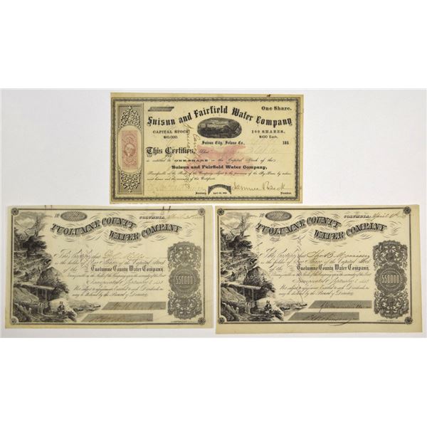CA. Water & Irrigation Stock Certificate Trio, 1860s to 1880s.