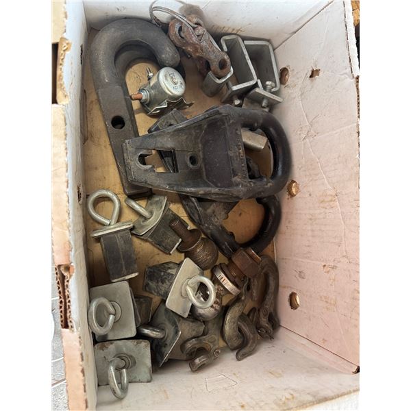 various industrial access hardware components, likely including tow hooks, shackles, and other faste