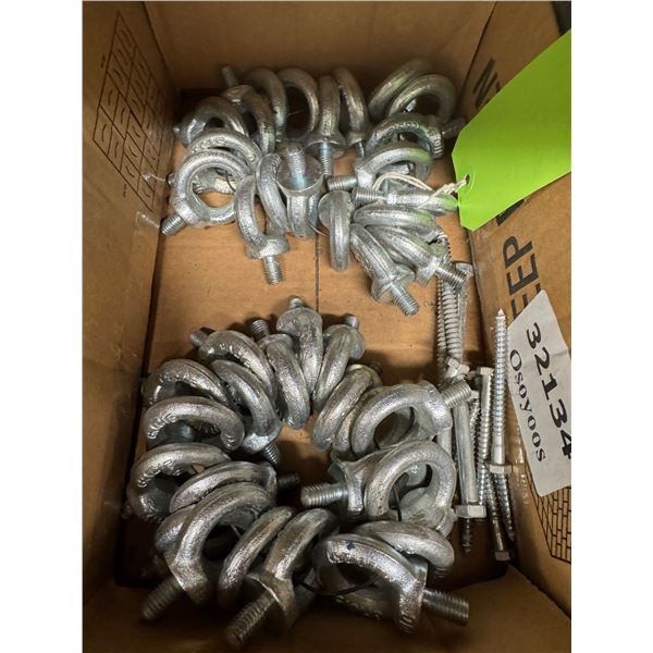 box of galvanized eye bolts and lag screws