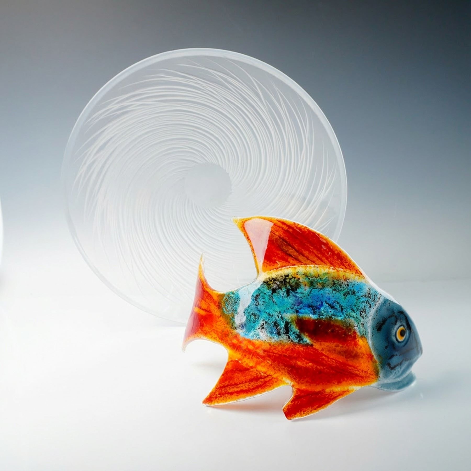 2pc Salviati Etched Glass Plate & Studio Art Glass Fish Sculpture