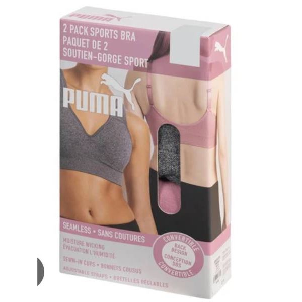 Puma 2 Pack Seamless Sports Bra with Adjustable Straps, Size M/M