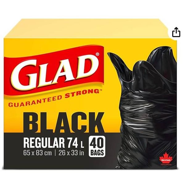 Glad Black 74L Garbage Bags, 40 Count