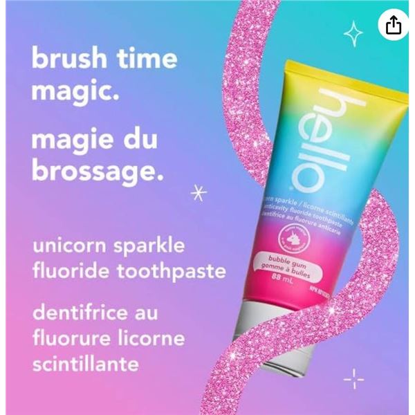 Lot of 2 hello Kids Fluoride Toothpaste, Vegan and Sls Free, Unicorn Sparkle, Natural Bubble Gum, 88