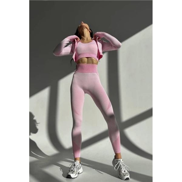 Three-Piece Pink Activewear Set – Jacket, Sports Bra, and Leggings – Size M