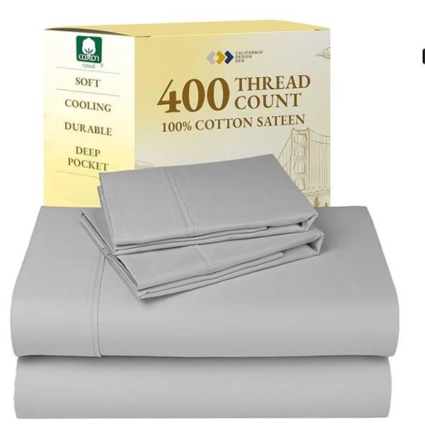 California Design Den 400 Thread Count Sateen Weave Sheet Set, Double, Light Gray