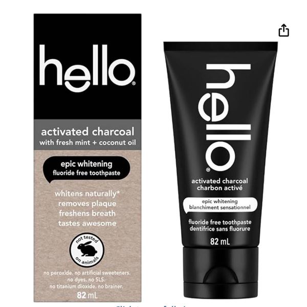 Lot of 2 – Hello Activated Charcoal Toothpaste with Fresh Mint and Coconut Oil, 82 mL