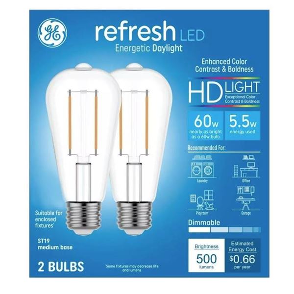 GE Refresh LED ST19 Light Bulbs, 60W Equivalent, 5000K, Lot of 4 – 2Pc Per Box