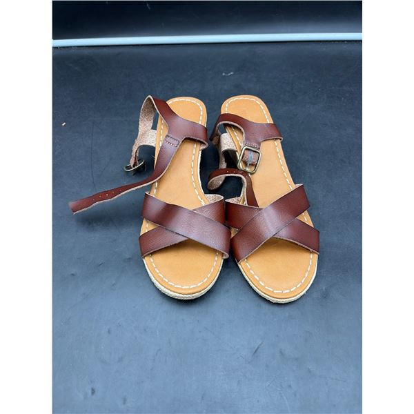 Brown Leather Strappy Wedge Sandals, Women’s Size 7.5