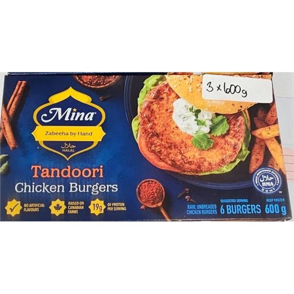 Mina Halal Tandoori Chicken Burgers – 3x600g (6 per pack – 3 packs)