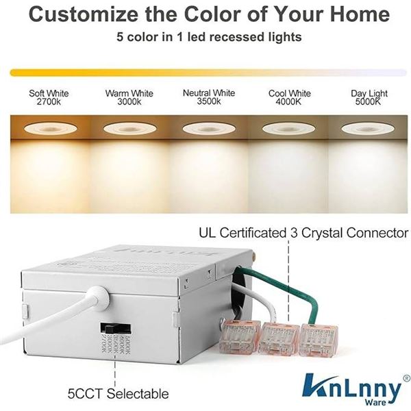 KnLnny Ware LED Recessed Light, 750lm, 9W, 4 Inch, 5-Color Temperature