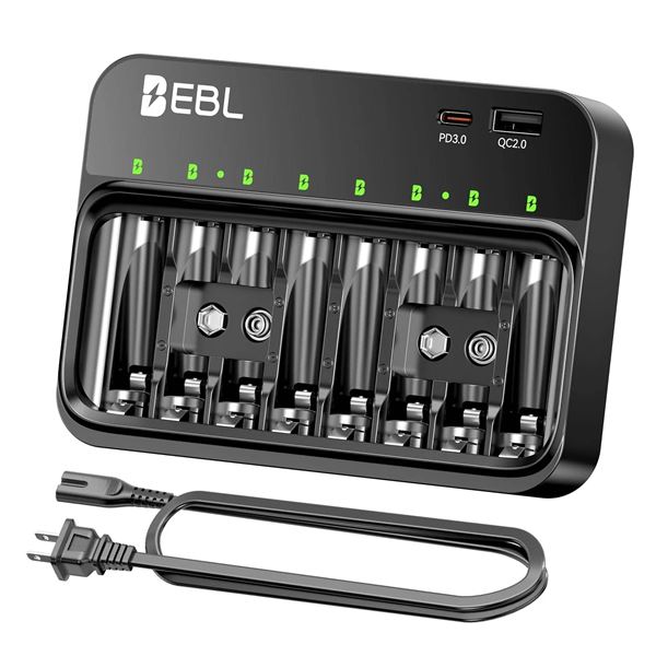 EBL Individual Battery Charger, 8-Bay, AC Input, 100-240V