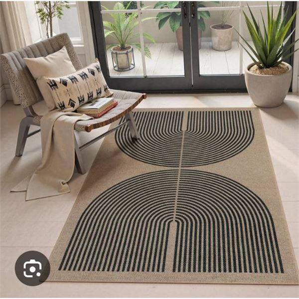 Rectangular Woven Rug with Black and Tan Circular Pattern, Polyester Material