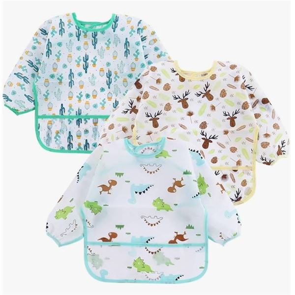 PandaEar (3 Pack) Long Sleeve Bibs| Baby Feeding Bib Smock Bibs