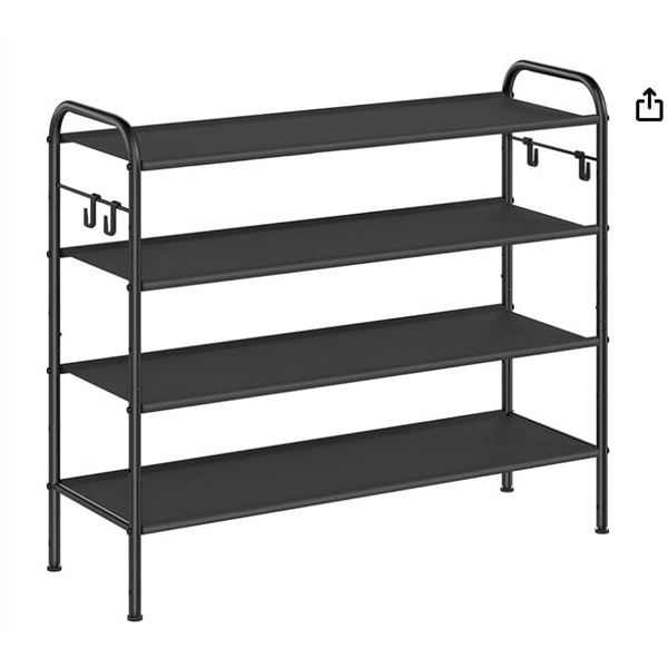 SONGMICS Shoe Rack, 4-Tier Shoe Organizer, Fabric Shoe Shelf Storage with 4 Hooks, Holds up to 20 Pa