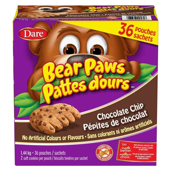 Dare Bear Paws Chocolate Chip Cookies 36 Pouches 1.44 kg
