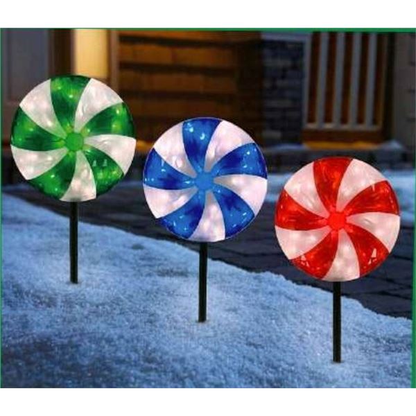 LED Lawn Stakes with Peppermint Design Package of 6