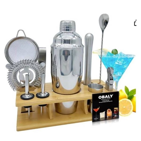 Obaly Cocktail Shaker Set with Bamboo Stand and Accessories