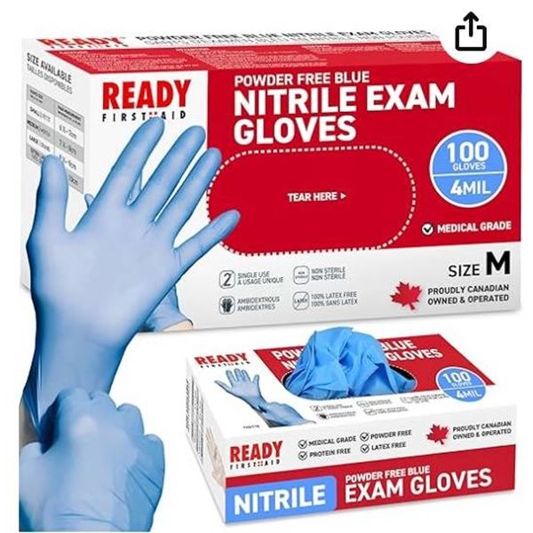 READY First Aid Powder Free Blue Nitrile Exam Gloves, Medium, 100 Count