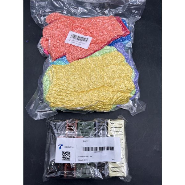 Lot of – 5 Hair Claw Clips and 12 Pairs Shower Exfoliating Gloves