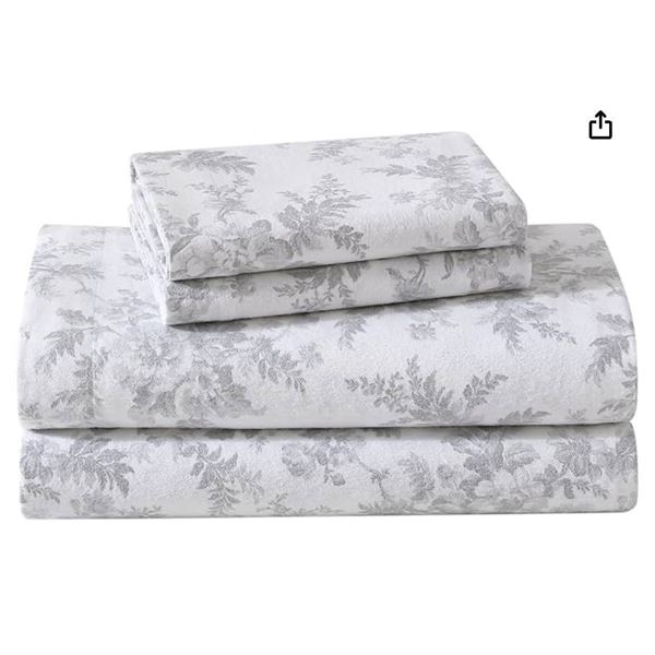 Laura Ashley Cotton Flannel Sheet Set, Twin Size, Vanessa Grey