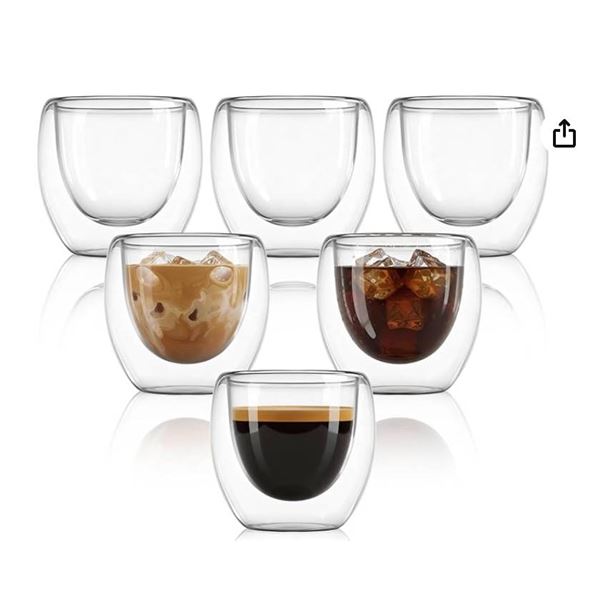 Tebery 6 Pack Double Wall Espresso Cup, 2.7oz/80ml Insulated Clear Glass Coffee Shot Mugs