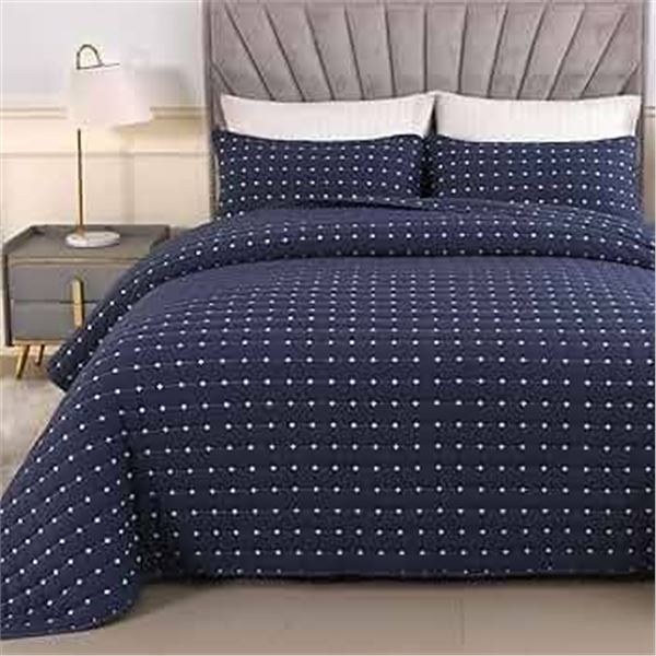 Queen Size 7-Piece Bamboo Comforter Set with Blue Polka Dot Design