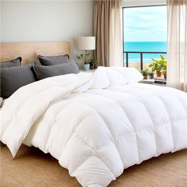 Regoug Queen Size Down Feather Comforter, White, 90×90 Inches