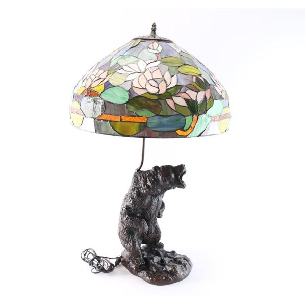 Stained Glass Lamp With Bronze Bear