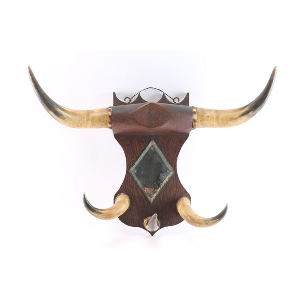 Horn & Carved Wood Hat Rack.
