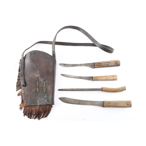 Butcher Set w/Fringed Leather Carrier.