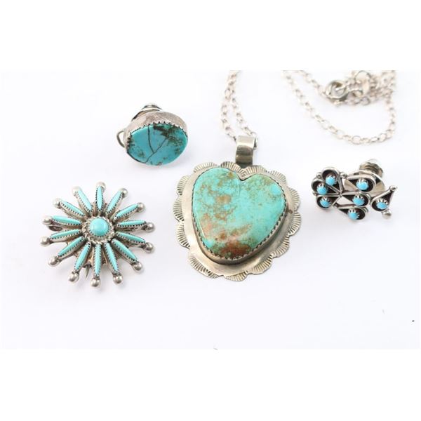 Vintage Turquoise Necklace & 3 Pins.