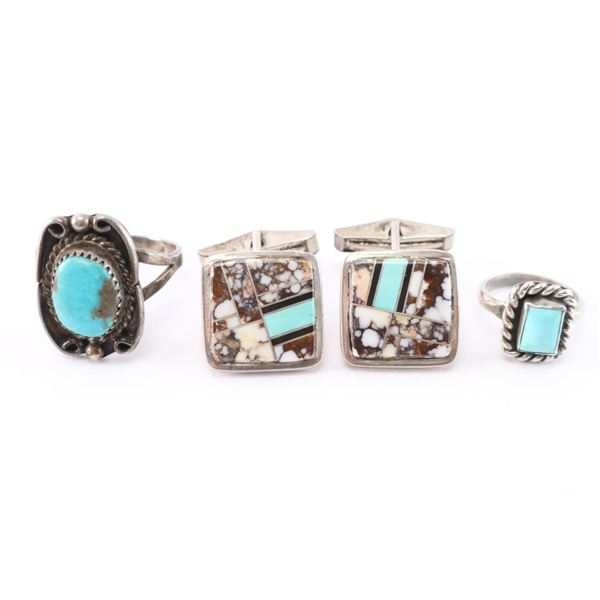 B G Mudd Sterling Silver Cufflinks & 2 Rings.