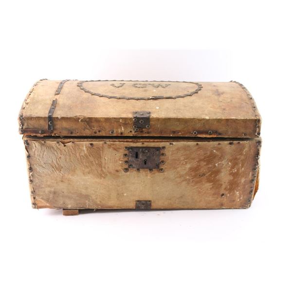 Tacked Hide Over Wood Pioneer Trunk.