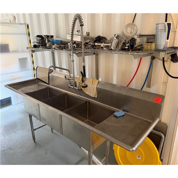 Metal 3-Basin Sink w/ Faucet & Drainboards 90" x 36"H
