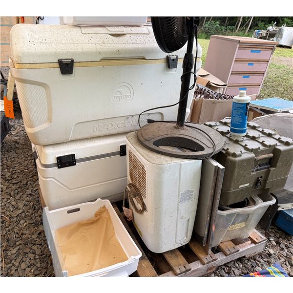 Pallet Multiple Igloo Ice chests, Dehumidifier, Storage Box, etc