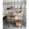 Image 1 : Rolling Metal Shelf & Contents: Misc Prototype Packaging, Unopened Boxes, Small Equipment