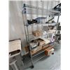 Image 2 : Rolling Metal Shelf & Contents: Misc Prototype Packaging, Unopened Boxes, Small Equipment