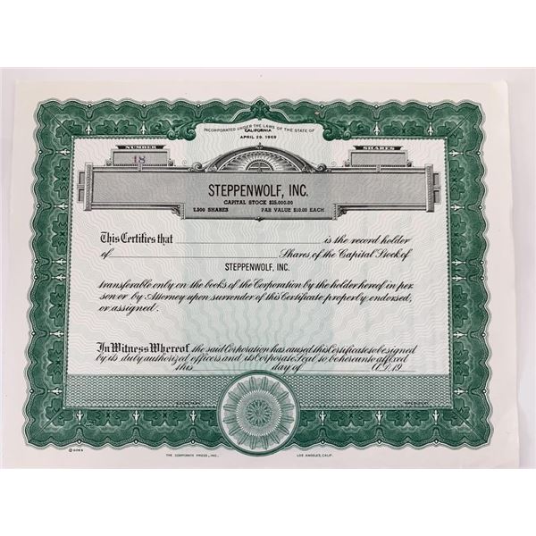 Steppenwolf, Inc. Capital Stock Certificate