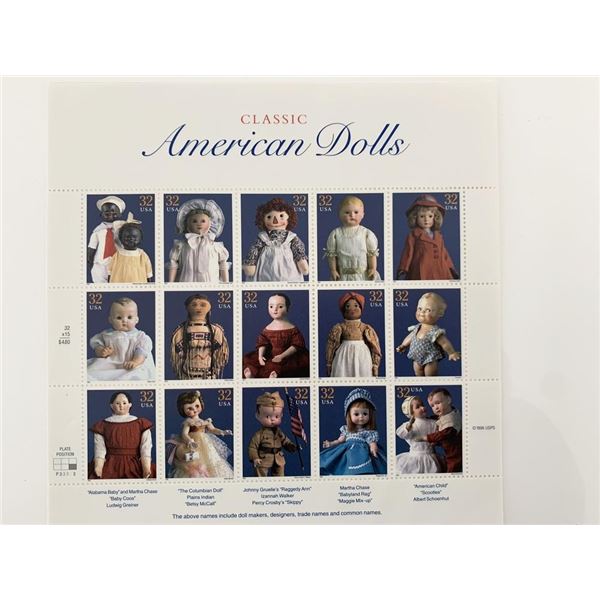 Classic American Dolls Collectible Stamp 32 Cent Sheet - Scott 3151