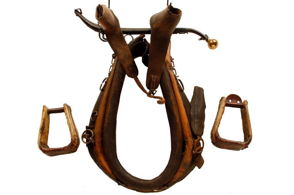Collection of Tack including rawhide stirrups, leather horn protectors